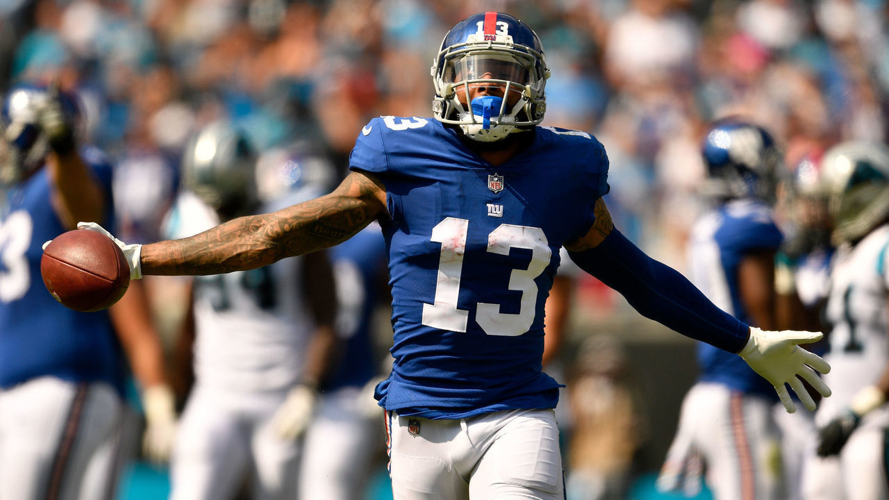 CHARLOTTE, NC - OCTOBER 07: Odell Beckham Jr. #13 of the New York Giants reacts against the Carolina Panthers in the second quarter during their game at Bank of America Stadium on October 7, 2018 in Charlotte, North Carolina.