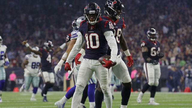 HOUSTON, TX - OCTOBER 07: DeAndre Hopkins #10 of the Houston Texans celebrates a catch against the Dallas Cowboys in the second quarter at NRG Stadium on October 7, 2018 in Houston, Texas.