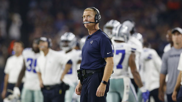 HOUSTON, TX - OCTOBER 07: Head coach Jason Garrett of the Dallas Cowboys looks on from the sideline in the second quarter against the Houston Texans at NRG Stadium on October 7, 2018 in Houston, Texas.