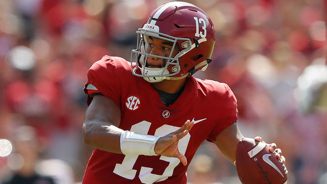 TUSCALOOSA, AL - SEPTEMBER 29: Tua Tagovailoa #13 of the Alabama Crimson Tide looks to pass against the Louisiana Ragin Cajuns at Bryant-Denny Stadium on September 29, 2018 in Tuscaloosa, Alabama.
