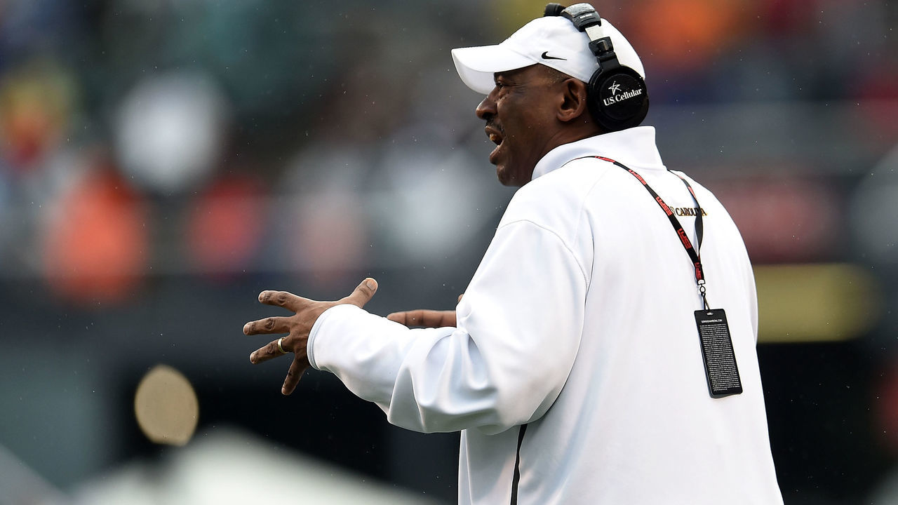 BIRMINGHAM, AL - JANUARY 03: Head coach Ruffin McNeill of the East Carolina Pirates reacts to an officials call during the second quarter of the Birmingham Bowl against the Florida Gators at Legion Field on January 3, 2015 in Birmingham, Alabama.