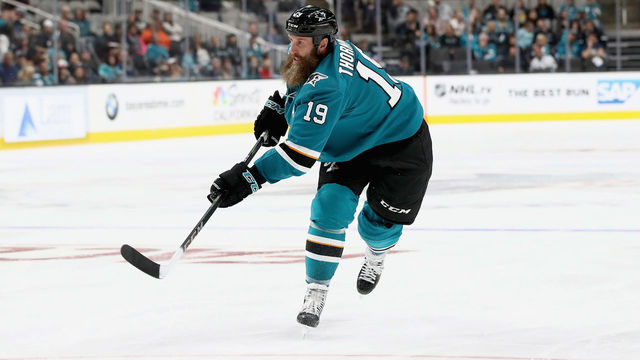 SAN JOSE, CA - SEPTEMBER 27: Joe Thornton #19 of the San Jose Sharks in action against the Calgary Flames during their preseason game at SAP Center on September 27, 2018 in San Jose, California.