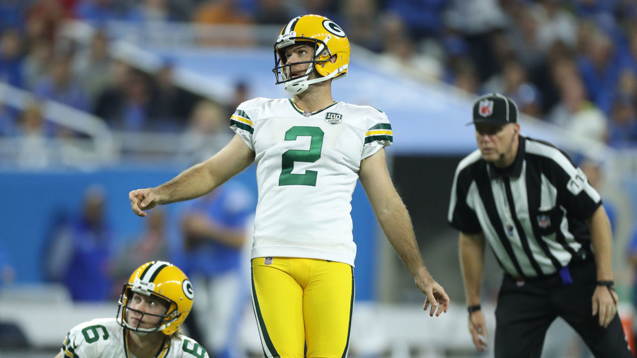 DETROIT, MI - OCTOBER 07: Kicker Mason Crosby #2 of the Green Bay Packers reacts to missing one of the three field goal attempts against the Detroit Lions during the first half at Ford Field on October 7, 2018 in Detroit, Michigan.