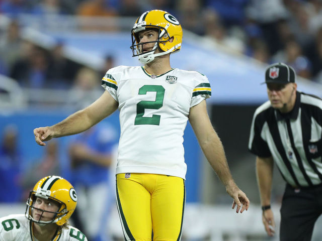 DETROIT, MI - OCTOBER 07: Kicker Mason Crosby #2 of the Green Bay Packers reacts to missing one of the three field goal attempts against the Detroit Lions during the first half at Ford Field on October 7, 2018 in Detroit, Michigan.