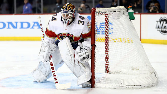 NEW YORK, NY - MARCH 26: James Reimer #34 of the Florida Panthers defends the goal against the New York Islanders in the second period during their game at Barclays Center on March 26, 2018 in the Brooklyn borough of New York City.