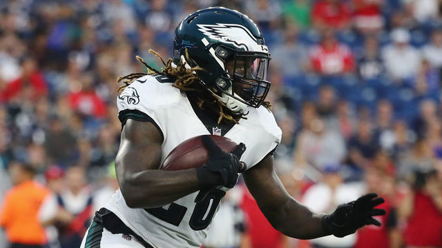 FOXBOROUGH, MA - AUGUST 16: Jay Ajayi #26 of the Philadelphia Eagles carries the ball in the first half against the New England Patriots during the preseason game at Gillette Stadium on August 16, 2018 in Foxborough, Massachusetts.