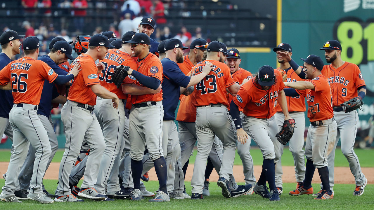 CLEVELAND, OH - OCTOBER 08: The Houston Astros celebrate defeating the Cleveland Indians 11-3 in Game Three of the American League Division Series to advance to the American League Championship Series at Progressive Field on October 8, 2018 in Cleveland, Ohio.