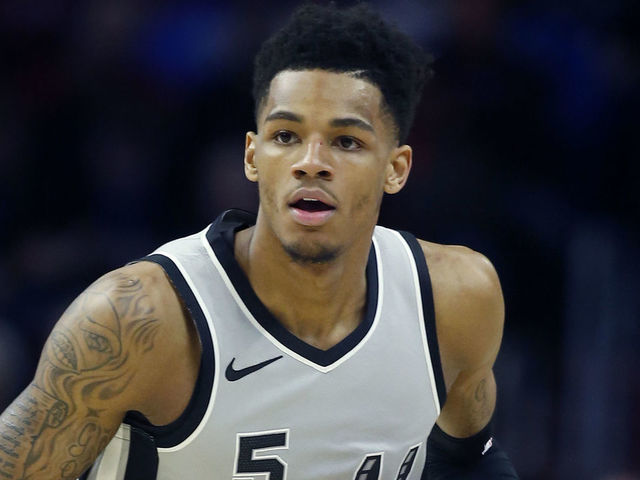 PHILADELPHIA, PA - JANUARY 3: Dejounte Murray #5 of the San Antonio Spurs dribbles the ball against the Philadelphia 76ers in the first half at Wells Fargo Center on January 3, 2018 in Philadelphia, Pennsylvania.