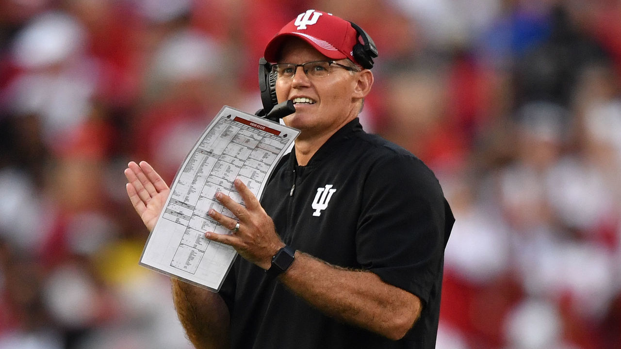 COLUMBUS, OH - OCTOBER 6: Head Coach Tom Allen of the Indiana Hoosiers celebrates as an incomplete pass call against the Hoosiers is overturned in the third quarter against the Ohio State Buckeyes at Ohio Stadium on October 6, 2018 in Columbus, Ohio.