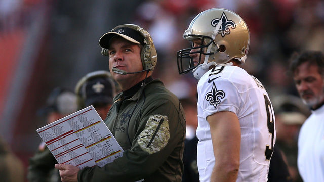LANDOVER, MD - NOVEMBER 15: Head coach Sean Payton of the New Orleans Saints and quarterback Drew Brees #9 of the New Orleans Saints look on against the Washington Redskins in the second half at FedExField on November 15, 2015 in Landover, Maryland. The Washington Redskins won, 47-14.