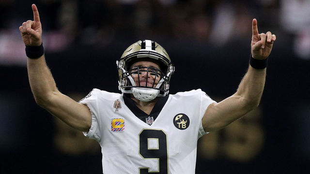 NEW ORLEANS, LA - OCTOBER 08: Drew Brees #9 of the New Orleans Saints reacts after throwing a 62 yard pass to take the all time yardage record against the Washington Redskins at Mercedes-Benz Superdome on October 8, 2018 in New Orleans, Louisiana.