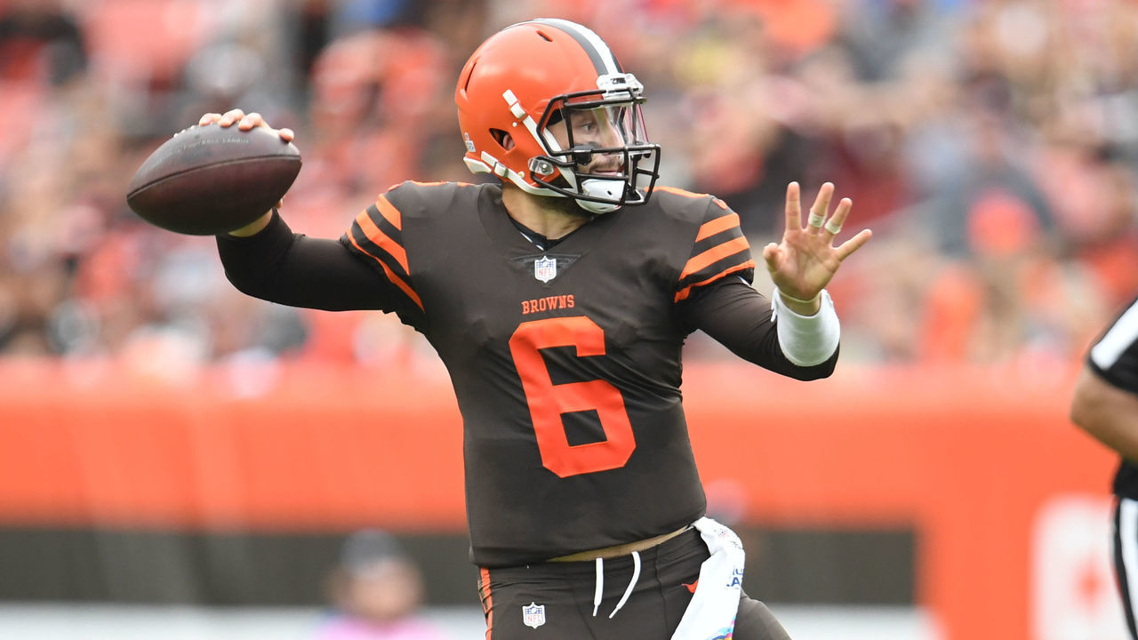 CLEVELAND, OH - OCTOBER 07: Baker Mayfield #6 of the Cleveland Browns throws a pass in the third quarter against the Baltimore Ravens at FirstEnergy Stadium on October 7, 2018 in Cleveland, Ohio.