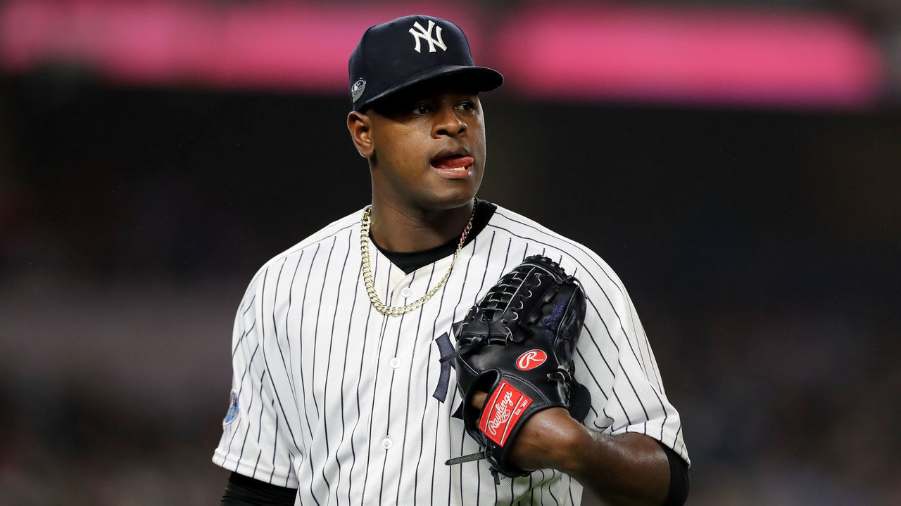 NEW YORK, NEW YORK - OCTOBER 08: Luis Severino #40 of the New York Yankees walks back to the dugout after being pulled against the Boston Red Sox during the fourth inning in Game Three of the American League Division Series at Yankee Stadium on October 08, 2018 in the Bronx borough of New York City.