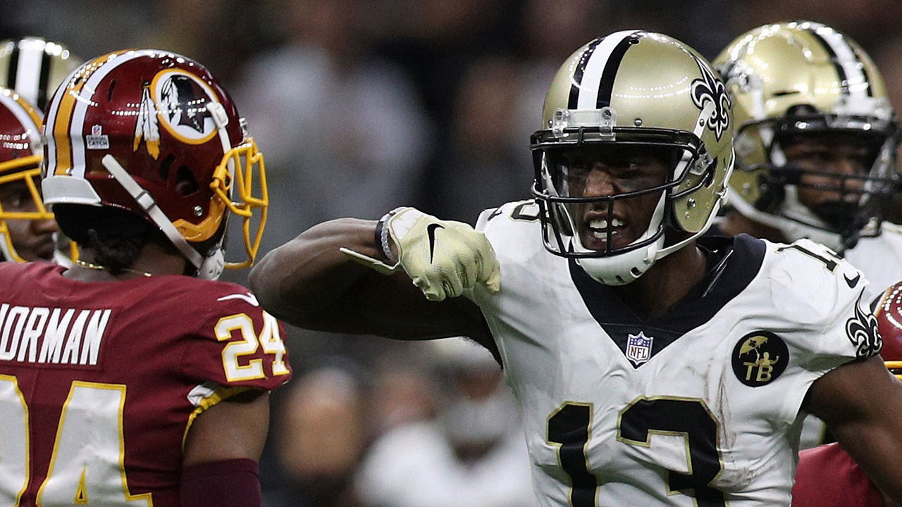 NEW ORLEANS, LA - OCTOBER 08: Michael Thomas #13 of the New Orleans Saints reacts during the second half against the Washington Redskins at Mercedes-Benz Superdome on October 8, 2018 in New Orleans, Louisiana.