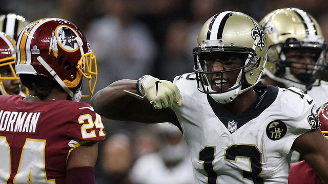NEW ORLEANS, LA - OCTOBER 08: Michael Thomas #13 of the New Orleans Saints reacts during the second half against the Washington Redskins at Mercedes-Benz Superdome on October 8, 2018 in New Orleans, Louisiana.