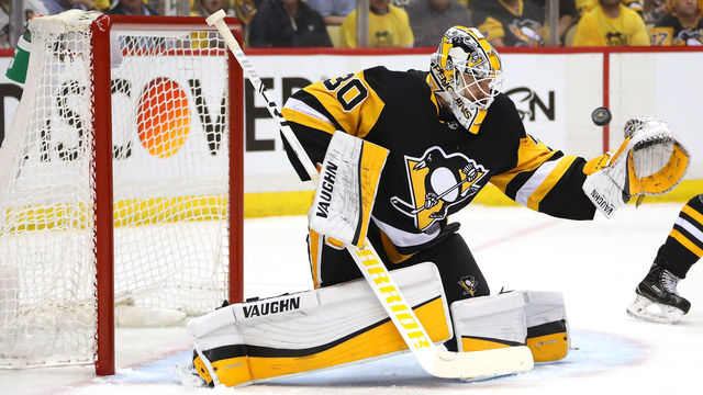 PITTSBURGH, PA - MAY 07: Matt Murray #30 of the Pittsburgh Penguins makes a first period save while playing the Washington Capitals in Game Six of the Eastern Conference Second Round during the 2018 NHL Stanley Cup Playoffs at PPG Paints Arena on May 7, 2018 in Pittsburgh, Pennsylvania.