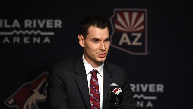 PHOENIX, AZ - MAY 05: John Chayka of the Arizona Coyotes addresses the media during a press conference introducing him as the new general manager for the team at Gila River Arena on May 05, 2016 in Phoenix, Arizona.