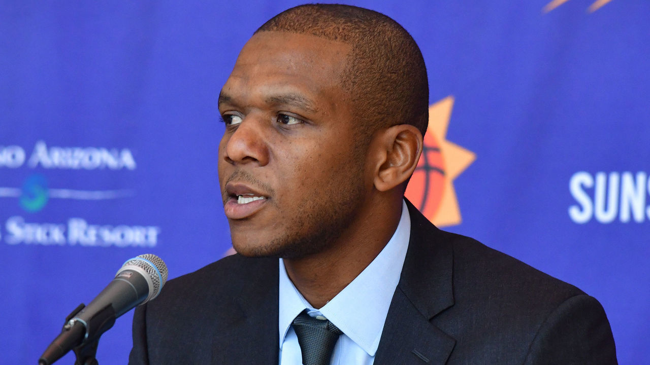 PHOENIX, AZ - MAY 14: James Jones of the Phoenix Suns talks to the media during the announcement of Igor Kokoskov as the new head coach at a press conference on May 14, 2018, at Talking Stick Resort Arena in Phoenix, Arizona. Mandatory Copyright Notice: Copyright 2018 NBAE
