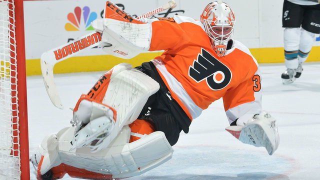 PHILADELPHIA, PA - OCTOBER 09: Goaltender Brian Elliott #37 of the Philadelphia Flyers makes a save during the game against the San Jose Sharks at the Wells Fargo Center on October 9, 2018 in Philadelphia, Pennsylvania.