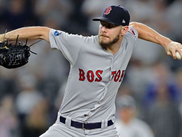 NEW YORK, NEW YORK - OCTOBER 09: Chris Sale #41 of the Boston Red Sox pitches in the eighth against the New York Yankees during Game Four American League Division Series at Yankee Stadium on October 09, 2018 in the Bronx borough of New York City.