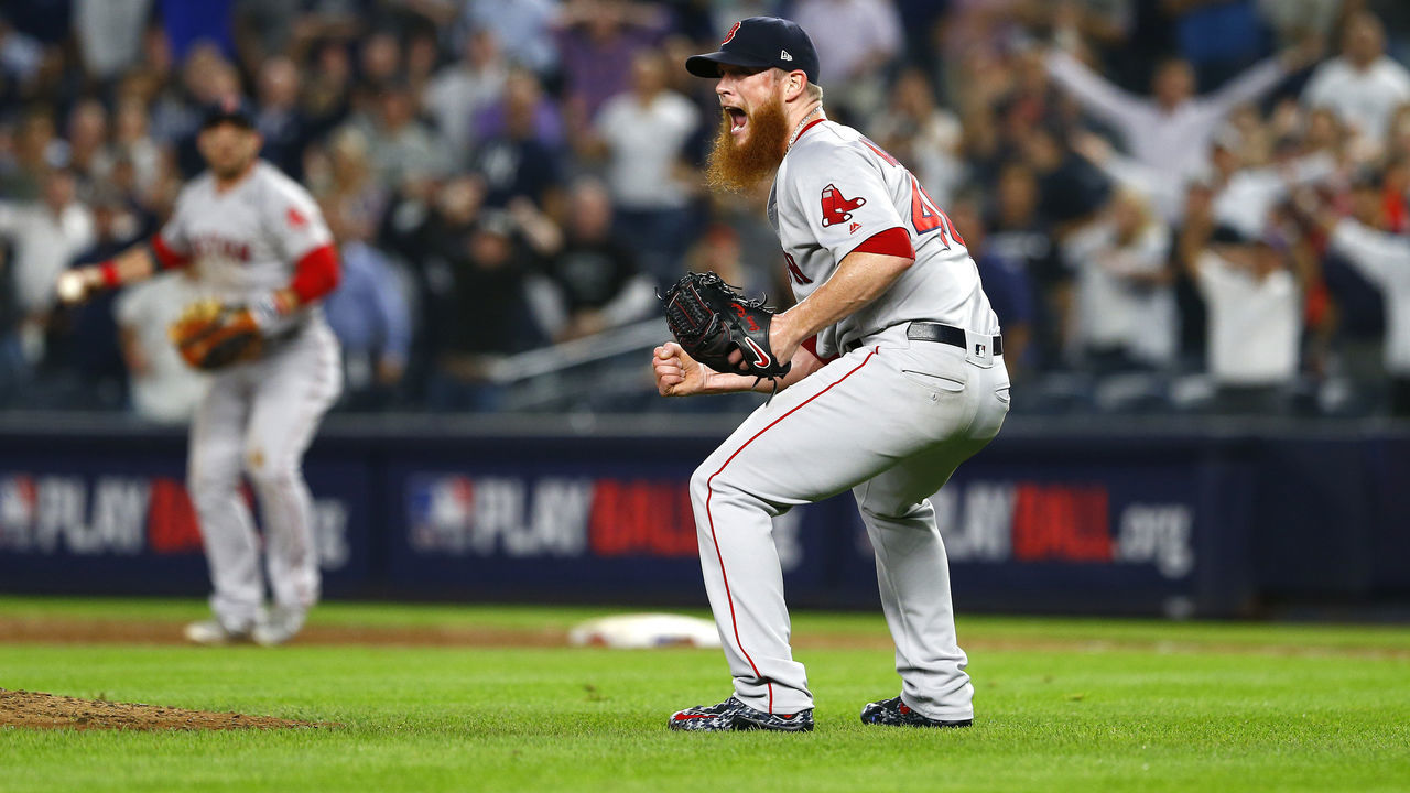 NEW YORK, NEW YORK - OCTOBER 09: Craig Kimbrel #46 of the Boston Red Sox celebrates after defeating the New York Yankees in Game Four to win the American League Division Series at Yankee Stadium on October 09, 2018 in the Bronx borough of New York City.