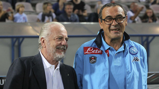 REGGIO NELL'EMILIA, ITALY - AUGUST 23: SSC Napoli president Aurelio De Laurentiis and SSC Napoli coach Maurizio Sarri look on before the Serie A match between US Sassuolo Calcio and SSC Napoli at Mapei Stadium - Città del Tricolore on August 23, 2015 in Reggio nell'Emilia, Italy.