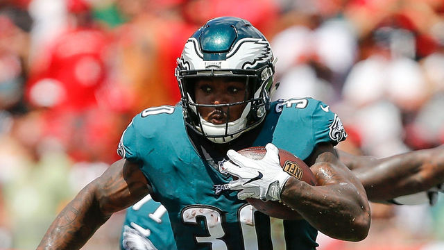 TAMPA, FL - SEPTEMBER 16: Corey Clement #30 of the Philadelphia Eagles runs with the ball against the Tampa Bay Buccaneers during the first half at Raymond James Stadium on September 16, 2018 in Tampa, Florida.