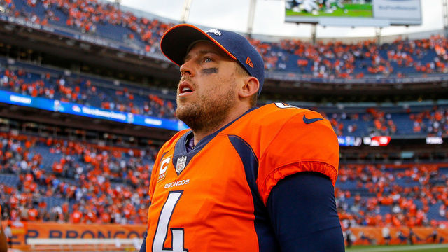 DENVER, CO - SEPTEMBER 16: Quarterback Case Keenum #4 of the Denver Broncos walks off the field after a 20-19 win over the Oakland Raiders at Broncos Stadium at Mile High on September 16, 2018 in Denver, Colorado.