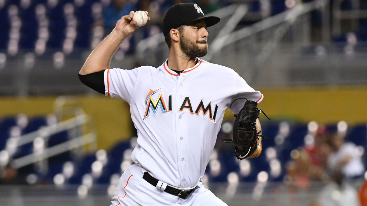 MIAMI, FL - SEPTEMBER 5: Kyle Barraclough #46 of the Miami Marlins throws a pitch during the eighth inning against the Philadelphia Phillies at Marlins Park on September 5, 2018 in Miami, Florida.