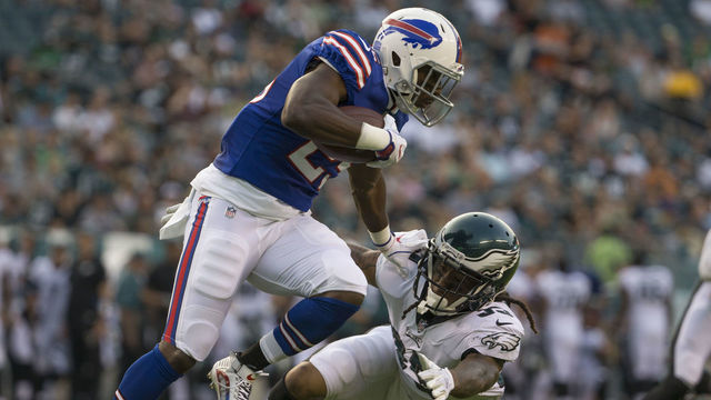 PHILADELPHIA, PA - AUGUST 17: LeSean McCoy #25 of the Buffalo Bills runs the ball against Ronald Darby #35 of the Philadelphia Eagles in the first quarter of the preseason game at Lincoln Financial Field on August 17, 2017 in Philadelphia, Pennsylvania.