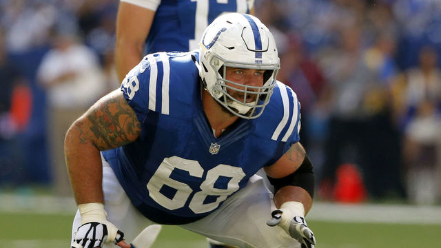 INDIANAPOLIS, IN - SEPTEMBER 30: Indianapolis Colts Offensive Guard Matt Slauson (68) during the NFL game between the Houston Texans and Indianapolis Colts on September 30, 2018, at Lucas Oil Stadium in Indianapolis, IN. The Houston Texans defeated the Indianapolis Colts 37-34 in overtime.