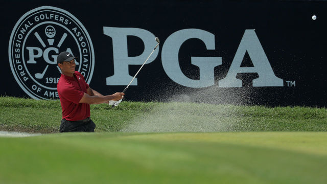 ST LOUIS, MISSOURI - AUGUST 12: Tiger Woods of the United States plays from a greenside bunker on the sixth hole during the final round of the 2018 PGA Championship at Bellerive Country Club on August 12, 2018 in St Louis, Missouri.