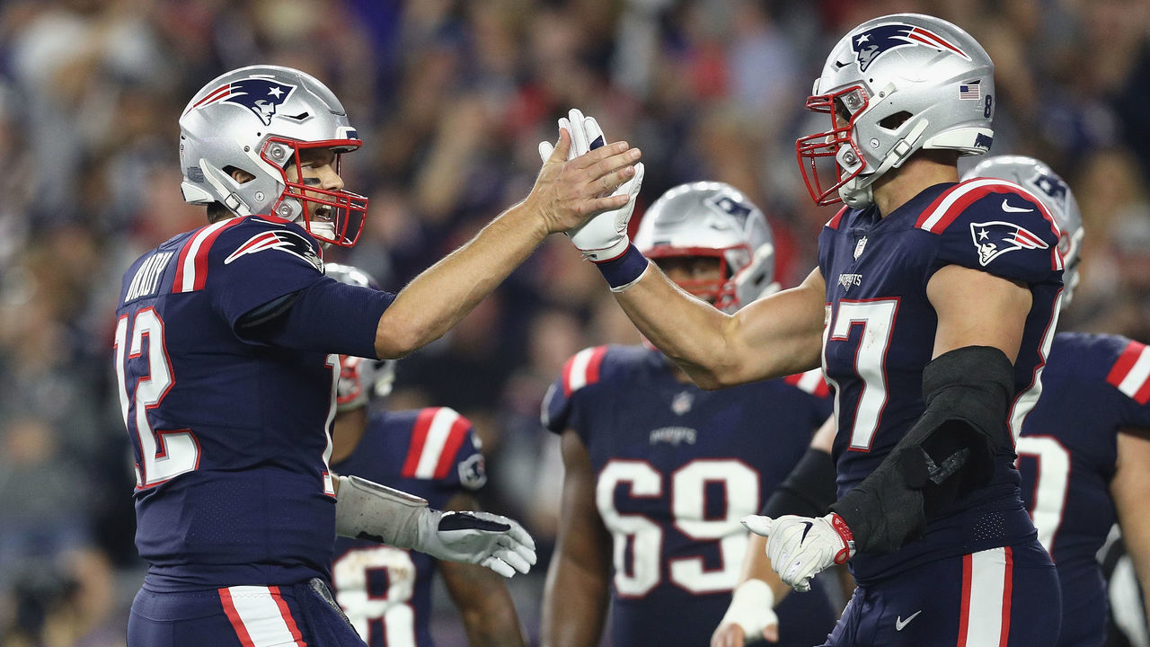 FOXBOROUGH, MA - OCTOBER 04: Tom Brady #12 of the New England Patriots celebrates with Rob Gronkowski #87 during the first half against the Indianapolis Colts at Gillette Stadium on October 4, 2018 in Foxborough, Massachusetts.