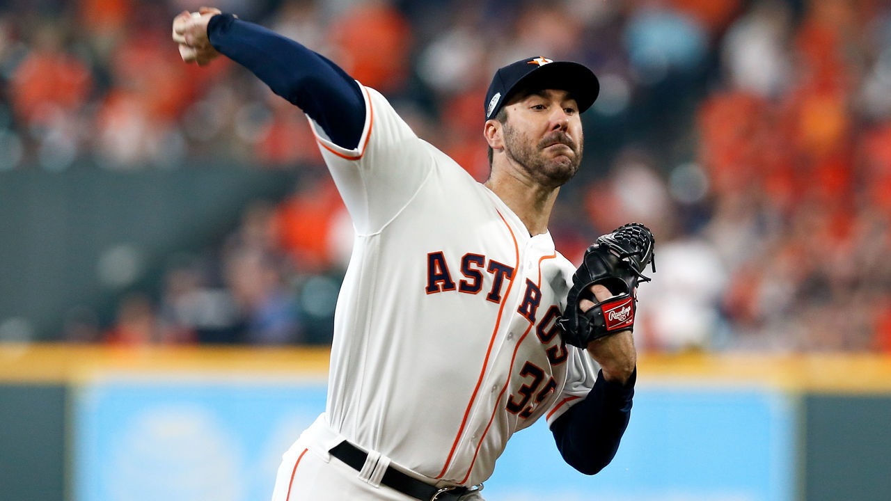 HOUSTON, TX - OCTOBER 05: Justin Verlander #35 of the Houston Astros delivers a pitch in the first inning against the Cleveland Indians during Game One of the American League Division Series at Minute Maid Park on October 5, 2018 in Houston, Texas.