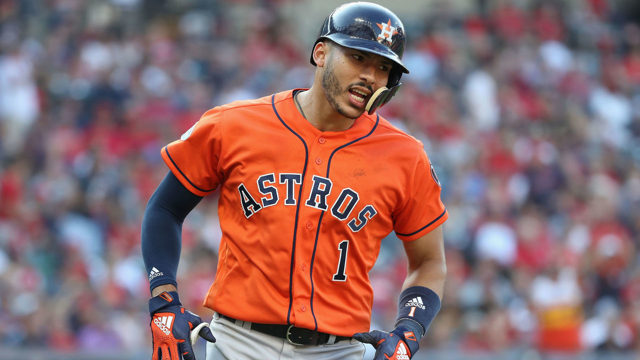 CLEVELAND, OH - OCTOBER 08: Carlos Correa #1 of the Houston Astros celebrates as he runs the bases after hitting a three-run home run in the eighth inning against the Cleveland Indians during Game Three of the American League Division Series at Progressive Field on October 8, 2018 in Cleveland, Ohio.