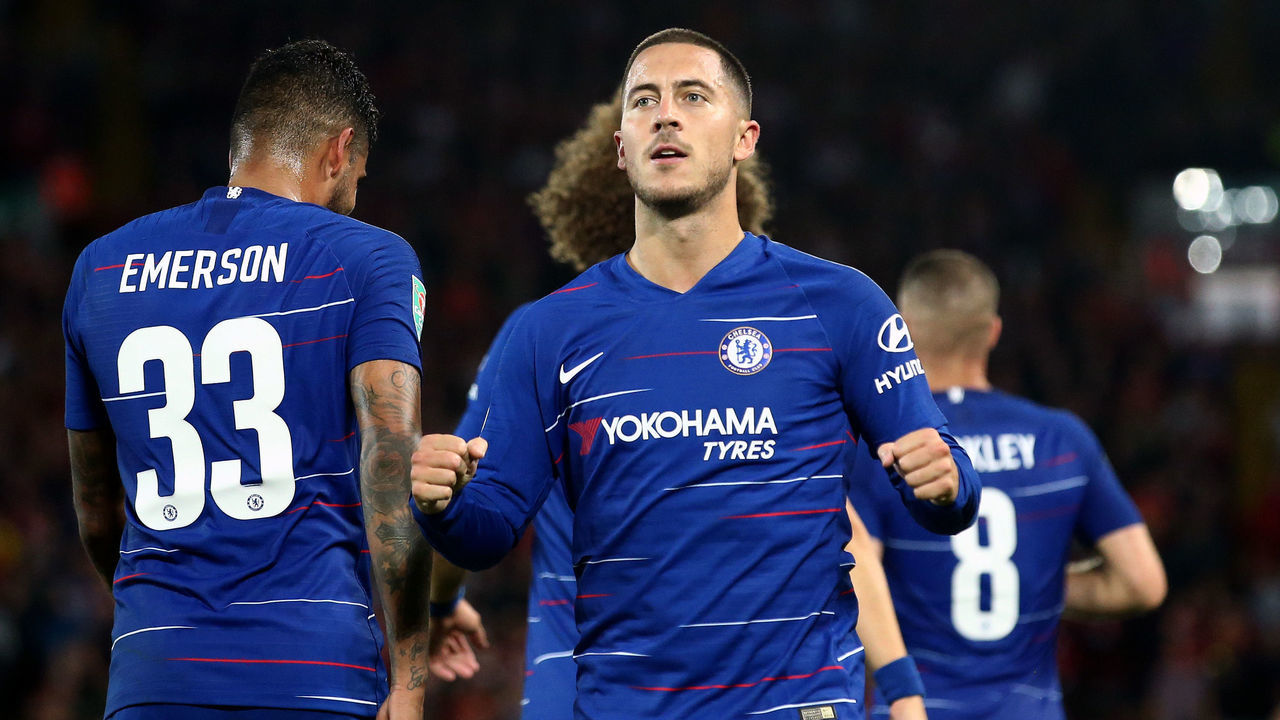 LIVERPOOL, ENGLAND - SEPTEMBER 26: Eden Hazard of Chelsea celebrates after he scores his sides second goal during the Carabao Cup Third Round match between Liverpool and Chelsea at Anfield on September 26, 2018 in Liverpool, England.