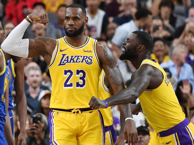 LAS VEGAS, NEVADA - OCTOBER 10: LeBron James #23 and Lance Stephenson #6 of the Los Angeles Lakers celebrate after James made a shot against the Golden State Warriors and was fouled during their preseason game at T-Mobile Arena on October 10, 2018 in Las Vegas, Nevada. The Lakers defeated the Warriors 123-113.