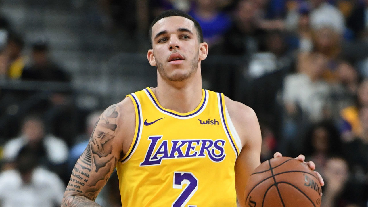 LAS VEGAS, NEVADA - OCTOBER 10: Lonzo Ball #2 of the Los Angeles Lakers brings the ball up the court against the Golden State Warriors during their preseason game at T-Mobile Arena on October 10, 2018 in Las Vegas, Nevada. The Lakers defeated the Warriors 123-113.