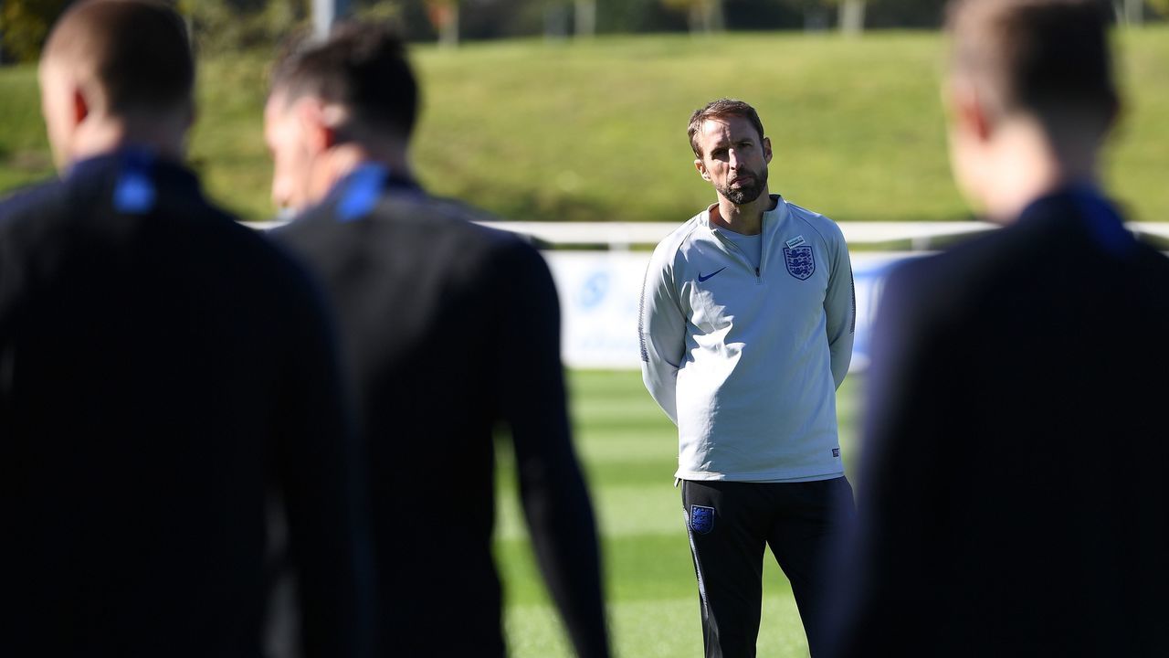 England's manager Gareth Southgate watches his players during an open training session at St George's Park in Burton-on-Trent, central England on October 9, 2018 ahead of their UEFA Nations League match against Croatia on October 12.