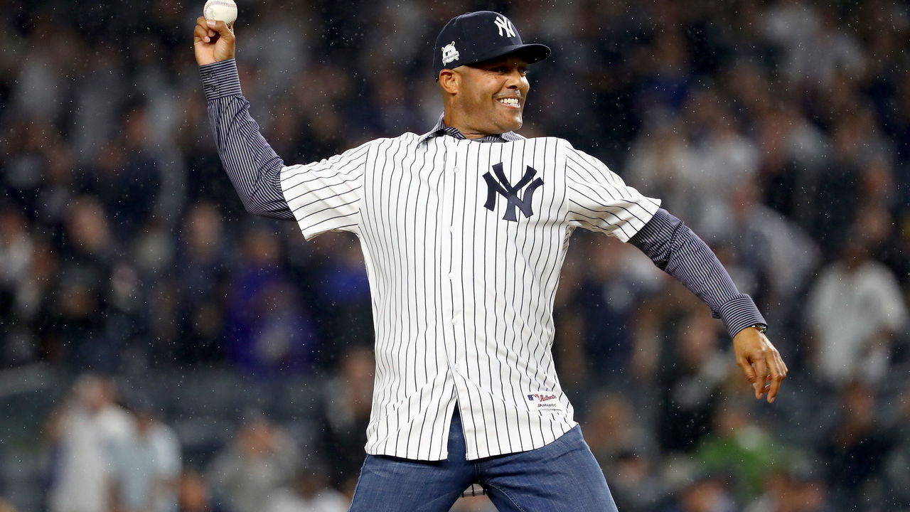 NEW YORK, NY - OCTOBER 09: Former pitcher Mariano Rivera throws out the ceremonial first pitch prior to Game Four of the American League Divisional Series between the Cleveland Indians and the New York Yankees at Yankee Stadium on October 9, 2017 in the Bronx borough of New York City.