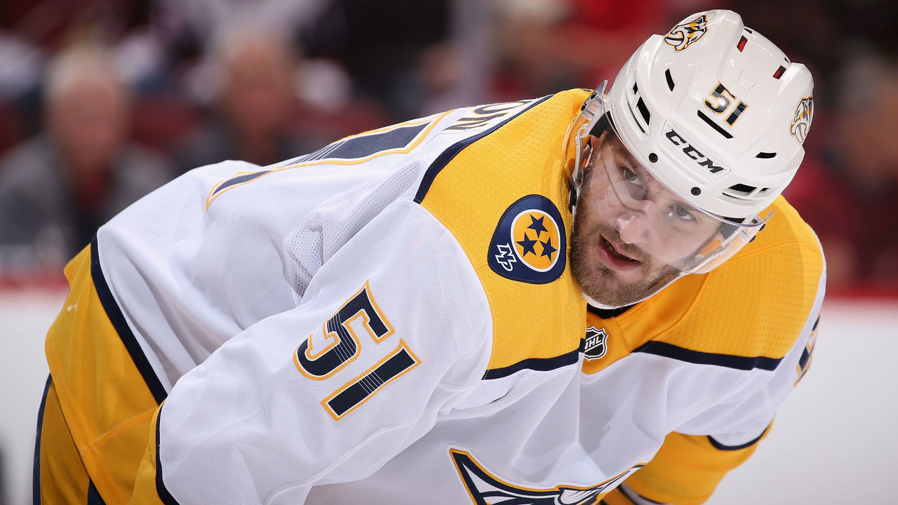 GLENDALE, AZ - JANUARY 04: Austin Watson #51 of the Nashville Predators during the third period of the NHL game against the Arizona Coyotes at Gila River Arena on January 4, 2018 in Glendale, Arizona. The Coyotes defeated the Predators 3-2 in overtime.