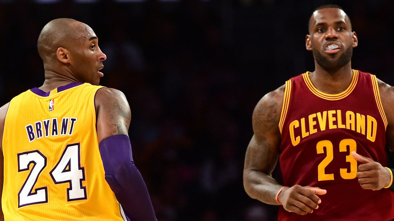 LOS ANGELES, CA - MARCH 10: LeBron James #23 of the Cleveland Cavaliers and Kobe Bryant #24 of the Los Angeles Lakers match up during the first half at Staples Center on March 10, 2016 in Los Angeles, California. NOTE TO USER: User expressly acknowledges and agrees that, by downloading and or using this Photograph, user is consenting to the terms and condition of the Getty Images License Agreement.