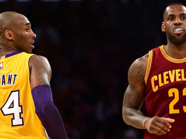 LOS ANGELES, CA - MARCH 10: LeBron James #23 of the Cleveland Cavaliers and Kobe Bryant #24 of the Los Angeles Lakers match up during the first half at Staples Center on March 10, 2016 in Los Angeles, California. NOTE TO USER: User expressly acknowledges and agrees that, by downloading and or using this Photograph, user is consenting to the terms and condition of the Getty Images License Agreement.