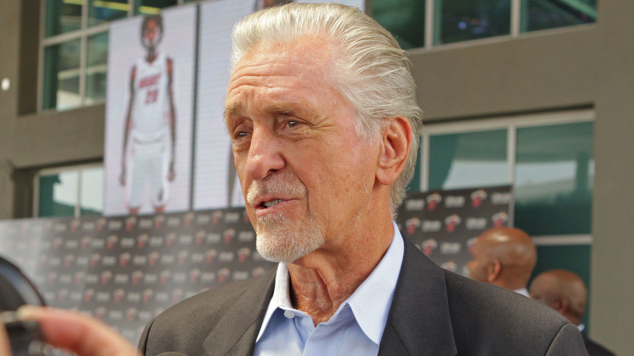 MIAMI, FL - SEPTEMBER 21: Pat Riley, President of the Miami Heat, speaks to the media during the announcement of the Miami Heat jersey sponsorship with Ultimate Software on September 21, 2017 in Miami, Florida. NOTE TO USER: User expressly acknowledges and agrees that, by downloading and/or using this photograph, user is consenting to the terms and conditions of the Getty Images License Agreement. Mandatory copyright notice: Copyright NBAE 2017