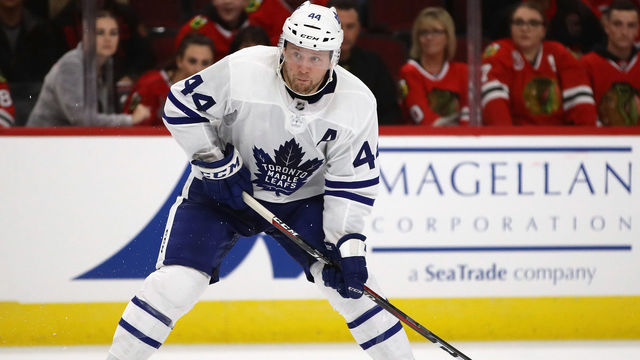 CHICAGO, IL - OCTOBER 07: Morgan Rielly #44 of the Toronto Maple Leafs shoots the game winning goal against the Chicago Blackhawks during the regular seasopn opening home game at the United Center on October 7, 2018 in Chicago, Illinois. The Maple Leafs defeated the Blackhawks 7-6 in overtime.