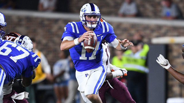 DURHAM, NC - SEPTEMBER 29: Daniel Jones #17 of the Duke Blue Devils against the Virginia Tech Hokies during their game at Wallace Wade Stadium on September 29, 2018 in Durham, North Carolina. Virginia Tech won 31-14.
