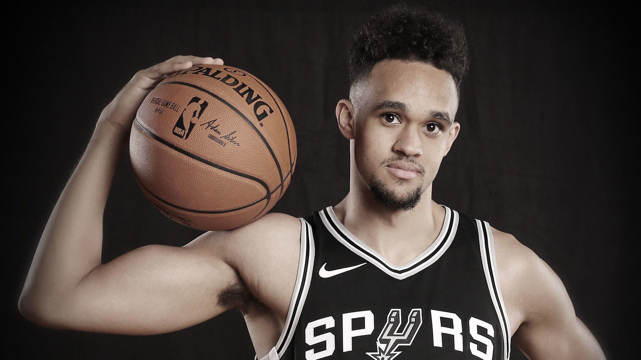 GREENBURGH, NY - AUGUST 11: (EDITORS NOTE: Image has been digitally altered) Derrick White of the San Antonio Spurs poses for a portrait during the 2017 NBA Rookie Photo Shoot at MSG Training Center on August 11, 2017 in Greenburgh, New York.