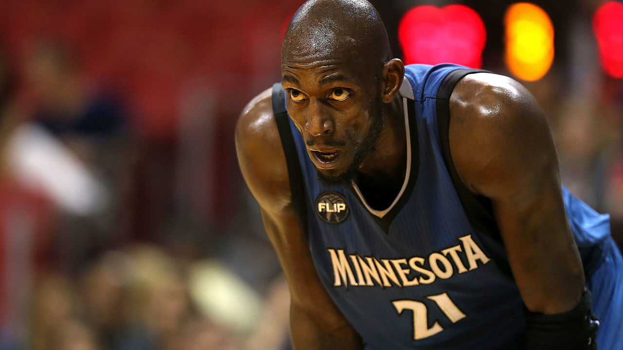 MIAMI, FL - NOVEMBER 17: Kevin Garnett #21 of the Minnesota Timberwolves looks on during a game against the Miami Heat at American Airlines Arena on November 17, 2015 in Miami, Florida. NOTE TO USER: User expressly acknowledges and agrees that, by downloading and/or using this photograph, user is consenting to the terms and conditions of the Getty Images License Agreement. Mandatory copyright notice: