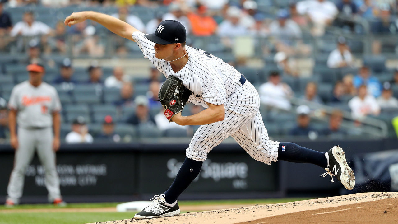 NEW YORK, NY - AUGUST 01: Sonny Gray #55 of the New York Yankees delivers a pitch in the first inning against the Baltimore Orioles at Yankee Stadium on August 1, 2018 in the Bronx borough of New York City.
