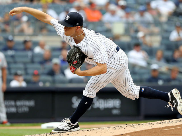 NEW YORK, NY - AUGUST 01: Sonny Gray #55 of the New York Yankees delivers a pitch in the first inning against the Baltimore Orioles at Yankee Stadium on August 1, 2018 in the Bronx borough of New York City.